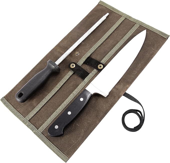 Double Knife Roll for Chefs,Waxed Canvas Vertical Knife Storage Case,Travel Carry-On Roll Bag,Rectangular Protector Sheath Pouch Organizer for Chef Kitchen Cutlery Knives Accessories,Cooking Tool