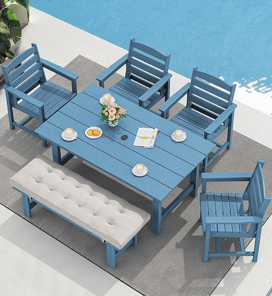SERWALL Patio Dining Table and Bench Set for 6, Blue