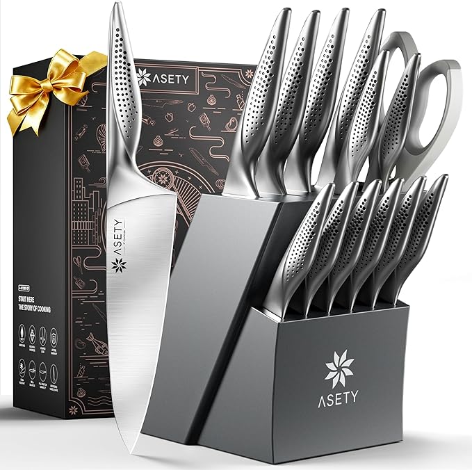 Knife Set - Ultra Sharp Knives Set for Kitchen with block, 15 PCS Stainless Steel Knife Set with Built-in Sharpener, Ergonomic Non-Slip Handle, Christmas Elegant Box for Men Women, Steel Grey