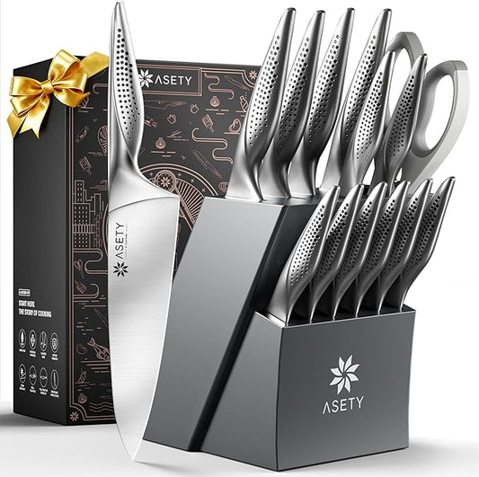 Knife Set - Ultra Sharp Knives Set for Kitchen with block, 15 PCS Stainless Steel Knife Set with Built-in Sharpener, Ergonomic Non-Slip Handle, Christmas Elegant Box for Men Women, Steel Grey