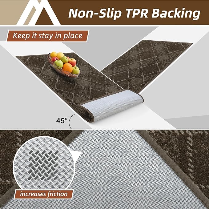 COSY HOMEER Kitchen Rugs and Mats Sets 2PCS Non-Slip Soft Kitchen Mats for Floor Absorbent and Stain Resistant Kitchen Floor Mat Washable Plaid Rugs for Kitchen,20"x32"+20"x48",Brown
