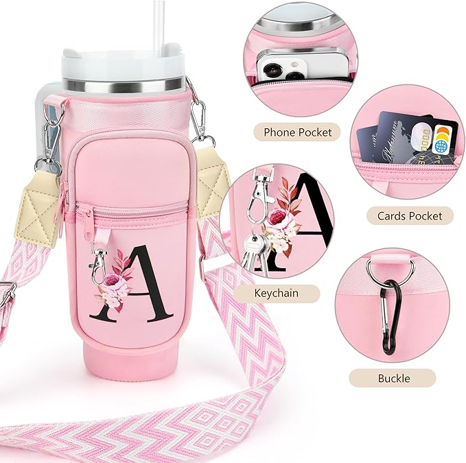 LOKASS Personalized Water Bottle Holder with Strap for Stanley Cup Accessories 40 oz Tumbler, Initial Water Bottle Carrier Bag/Phone Pocket, Mother's Day/Birthday Gifts for Women/Girls