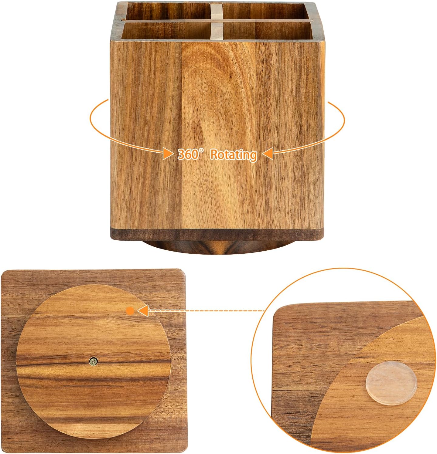 Acacia Wood Extra Large Rotating Utensil Holder for Kitchen Counter, Wooden Utensil Holder with 4 Compartments