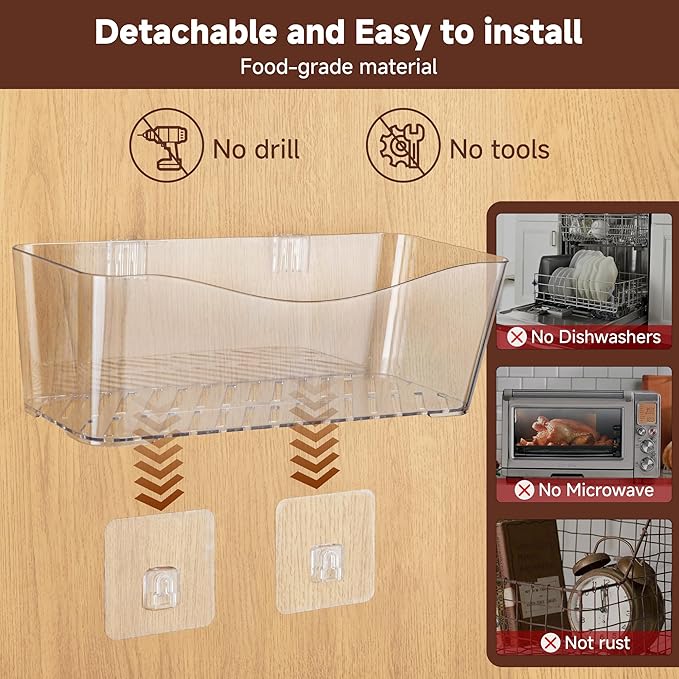 4-Pack Large Cabinet Door Organizer, Wall Mounted Kitchen Cabinet Door Storage, Space Saving, Drain Bottom, Adhesive Clear Plastic Storage Bins for Pantry, Refrigerator, Countertop, Under Sink, rv