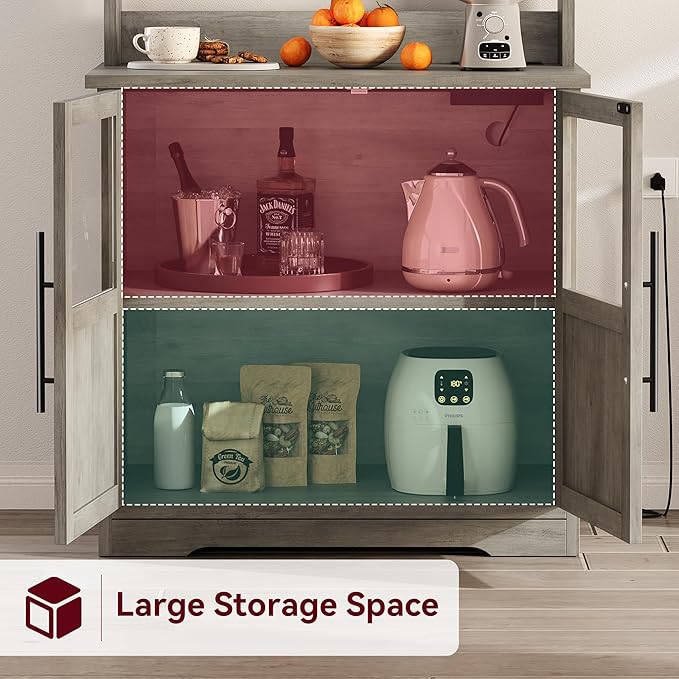 Garvee Farmhouse Bakers Rack with Glass Door, Microwave Stand with Power Outlets, Kitchen Hutch Pantry Cabinet, Kitchen Coffee Bar Cabinet for Spices, Dishes, and Pots, Gray