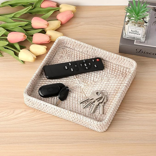 Hipiwe Key Basket for Entryway Table Handwoven Wicker Fruit Tray for Organizing Decor Rattan Serving Tray for Kitchen Living Room Bathroom, Whitewash