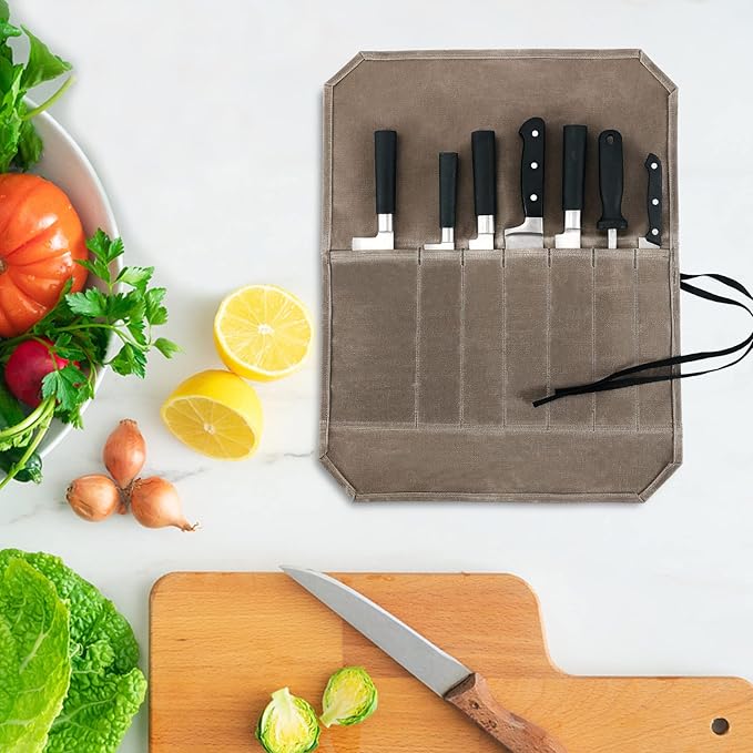HERSENT Chef’s Knife Roll Case, Waxed Canvas Cutlery Knives Holders Protectors, Home Kitchen Cooking Tools And Utensils Wrap Bag Wallet, Multi-Purpose Brush Roll Bag, Travel Tool Roll Pouch