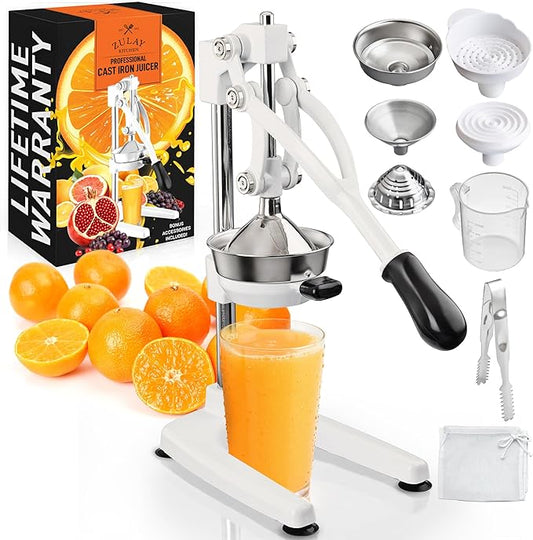 Zulay Kitchen 9 in 1 Cast Iron Juicer - Easy-to-Clean Heavy-Duty Manual Juicer with Presser Attachment to Juice All Types of Fruits! Extra Tall with Stainless Steel Bowl - White