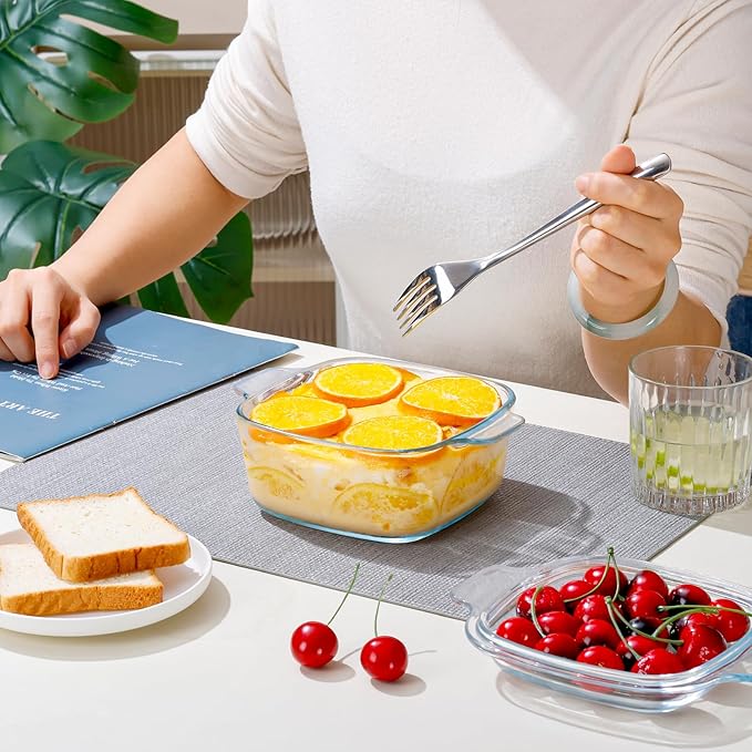 NUTRIUPS 2-Pack Square Glass Casserole Dish with Lid, 1L Mini Glass Casserole Cookware for Oven, Single-Serve Deepened Baking Dish