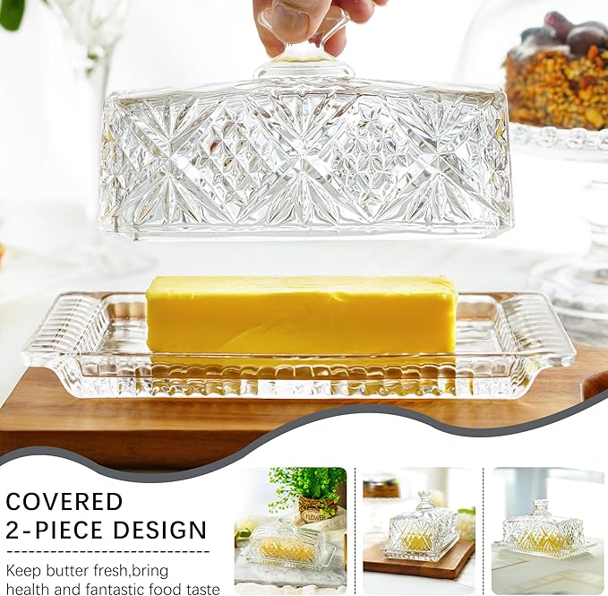 Crystal Covered Butter Dish,8inch Classic Glass 2-Piece Design Butter Keeper with Lid | Butter Holder | Dishwasher Safe