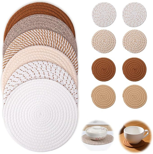 14-Piece Trivet Mats and Woven Coasters Set, Large Trivets for Hot Pots and Pans, Heat-Resistant Pot Trivets and Fabric Coasters for Kitchen and Dining Table