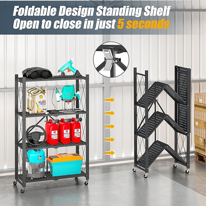 4-Tier Folding Metal Storage Rack - 50" Heavy-Duty Steel Frame with Wheels, No Assembly Utility Organizer, Rolling Shelving Unit for Kitchen, Garage, Pantry, Bedroom (Black, 4 Tier)