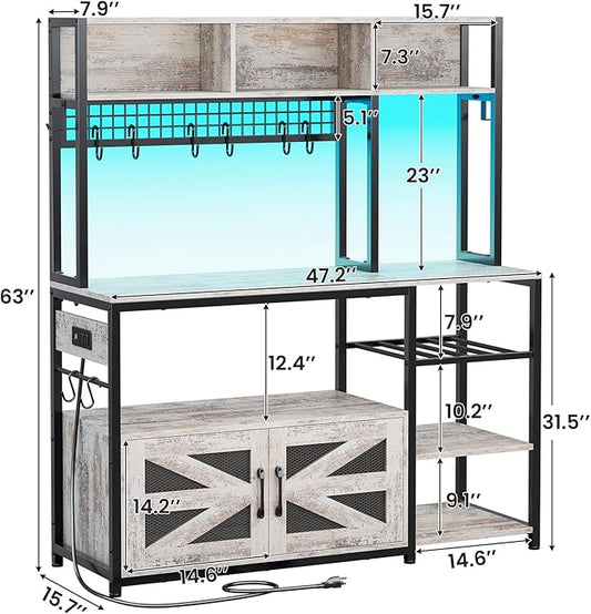 Itaar 47.2 Inch Bakers Rack with Power Outlet, Microwave Stand with Storage, Farmhouse Coffee Bar Cabinet Station with Wine Rack, Iron Mesh and 8-S Hooks, Vintage White