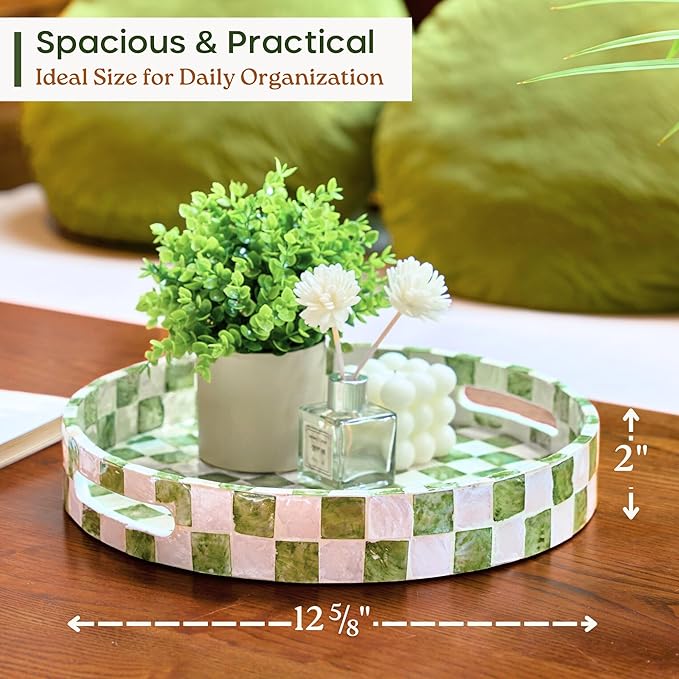 12.6" Capiz Decorative Tray with Handles, Checkered Round Serving Tray for Coffee Table, Kitchen Counter, or Bathroom (Pistachio Green)