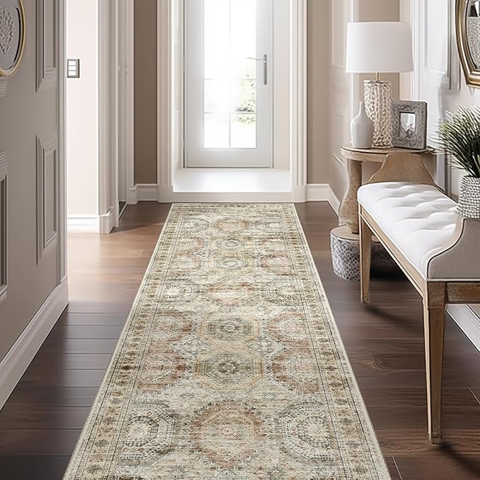 Long Bathroom Rugs Runner - Washable Runner Rugs for Hallway 2x10, Ultra-Thin Soft Kitchen Carpet Runner, Anti Slip Backing Runner Rugs for Entrance, Bedroom, Living Room(2'x10', Brown/Pink)