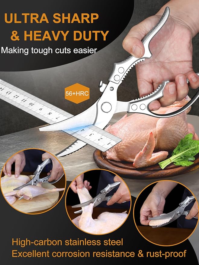 2 Pack Kitchen Shears, Heavy Duty Poultry Shears with Non-Slip Handle & Safety Lock, Spring Loaded, All Purpose Kitchen Scissors for Food, Meat Cutting, Chicken, Fish, Vegetables