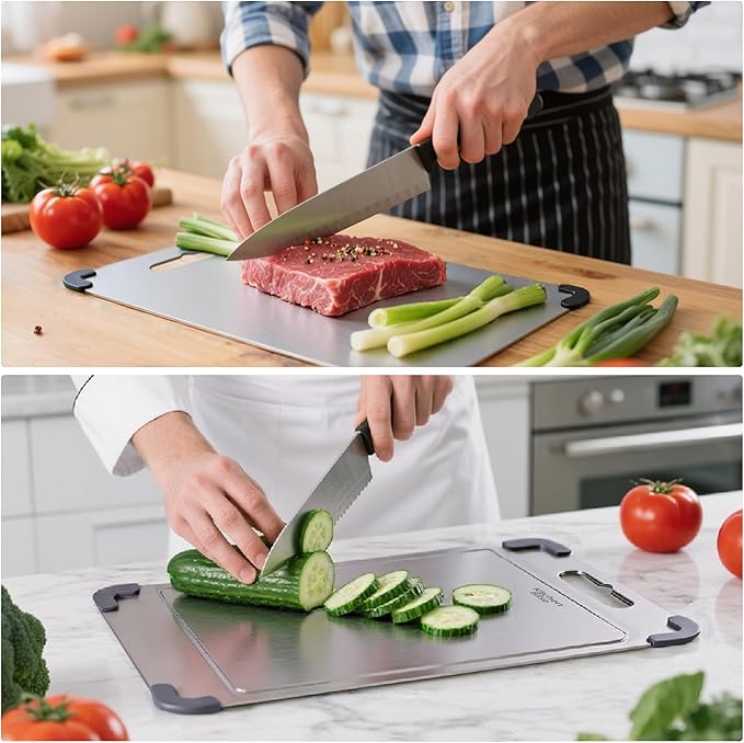 Stainless Steel Cutting Board, Double Sided Food Gradable Steel Cutting Boards for Kitchen with 2 Cleaning Scrapers, Metal Cutting Board with Grooves for Fruits (Medium)