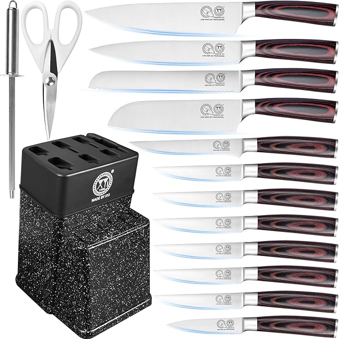 XYJ Authentic Since 1986, Knife Block Set, Kitchen Knives Set With Holder, Scissors, Professional Japanese Chef Knife Set, Paring Bread Carving Slicing Knife, Steak Knives