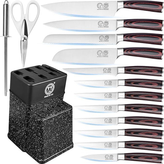 XYJ Authentic Since 1986, Knife Block Set, Kitchen Knives Set With Holder, Scissors, Professional Japanese Chef Knife Set, Paring Bread Carving Slicing Knife, Steak Knives