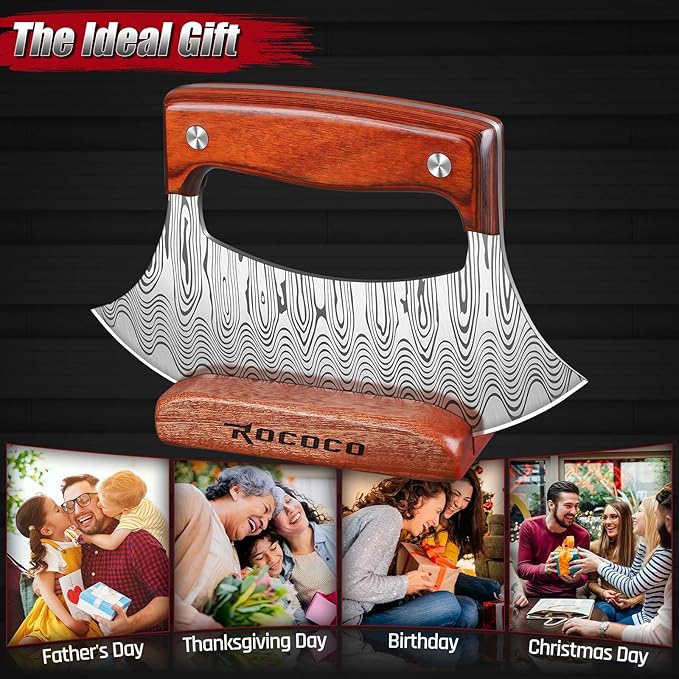 ROCOCO Pizza Cutter Ulu Knife – Full Tang Mezzaluna Rocker Knife with Wood Block for Kitchen Christmas Gifts for Men Women
