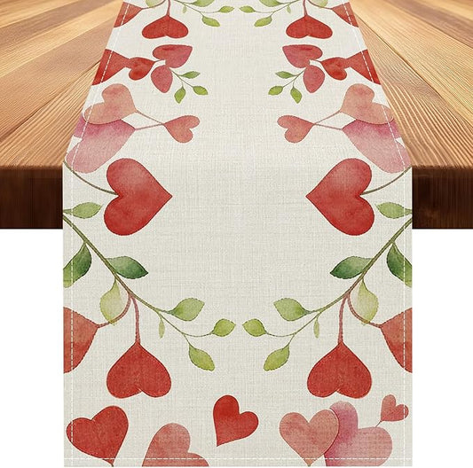 Valentines Day Table Runner 13x36 Inch, Floral Love Hearts Valentine Table Runner, Anniversary Home Kitchen Dining Table Holiday Party Decorations