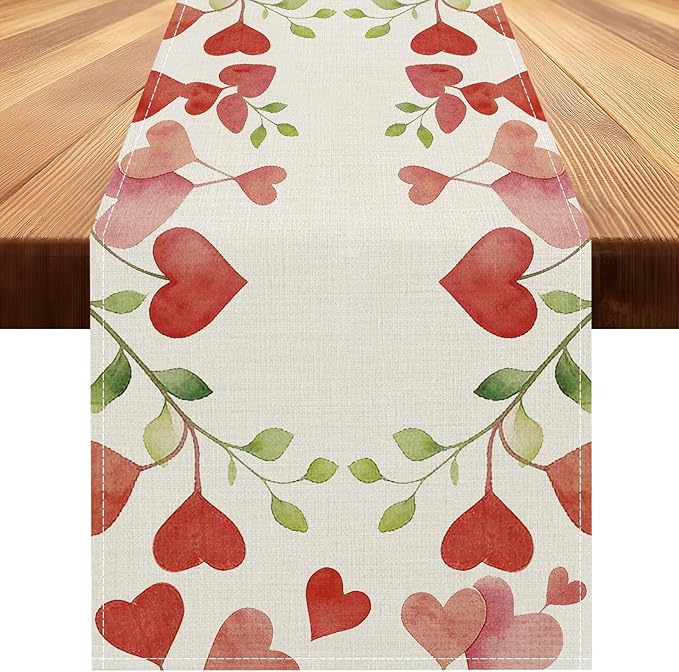Valentines Day Table Runner 13x108 Inch, Floral Love Hearts Valentine Table Runner, Anniversary Home Kitchen Dining Table Holiday Party Decorations