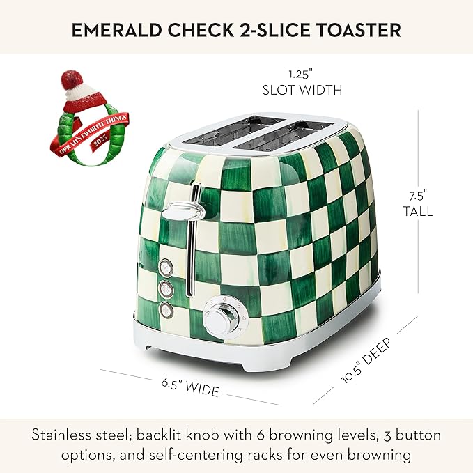 MACKENZIE-CHILDS 2-Slice Toaster, Decorative Toaster for Kitchen, One of Oprah’s Favorite Things, Green-and-White Emerald Check