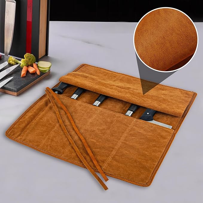 Baizoy Knife Roll Bag Genuine Leather,Chefs Professional 5 Knives and Cookware,Perfect for The Traveling Chef,Travel Tool Roll Pouch,No Tools Included