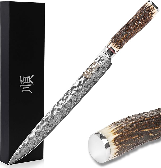 SUNLONG Sashimi knife 10 inch - Slicing and carving knife - Super sharp - Japanese hammered Damascus steel - Natural antler handle