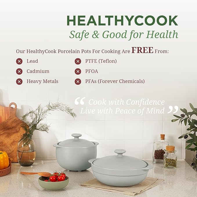 MINH LONG 1-Qt Porcelain Dutch Oven with Lid – Lead & Cadmium Free, Oven Safe to 482°F, Heat Retention, Clay Pot for Cooking on Gas & Infrared Cooktop, Use to Marinate, Cook, Bake, Refrigerate & Serve