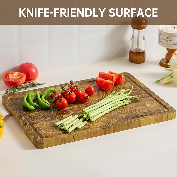 THETCHRY Teak Wood Cutting Boards for Kitchen, End Grain Cutting Board with Juice Groove Handles Non-slip Feet, Reversible Wooden Chopping Board Serving Tray for Cheese and Vegetables, 16.5" x 11.6"