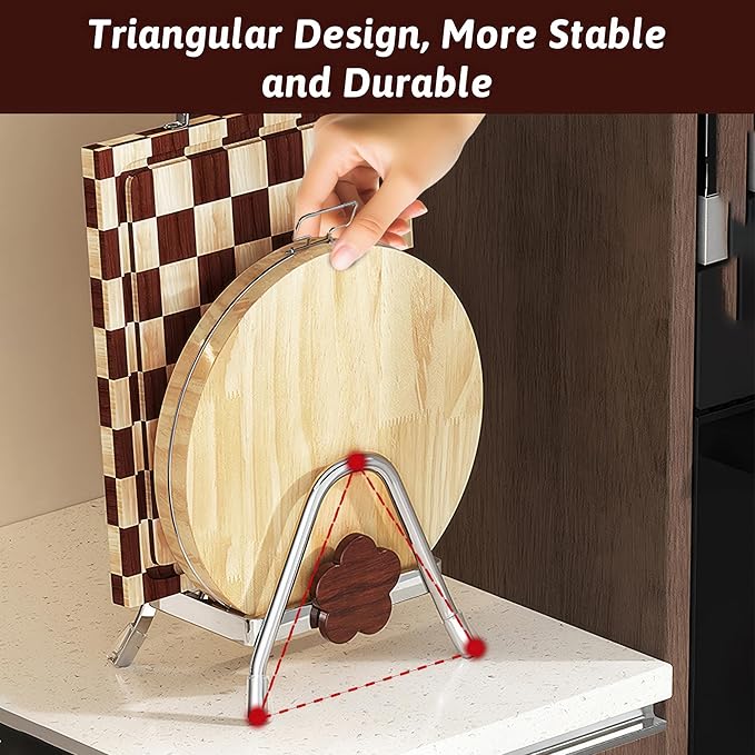 Cutting Board Rack - Double Layer Stainless Steel Chopping Board Pot Lid Holder Stand with Drain Tray, Stable Triangle for Kitchen Countertop Pan Plate Cutting Boards Cooking Mats Cookware
