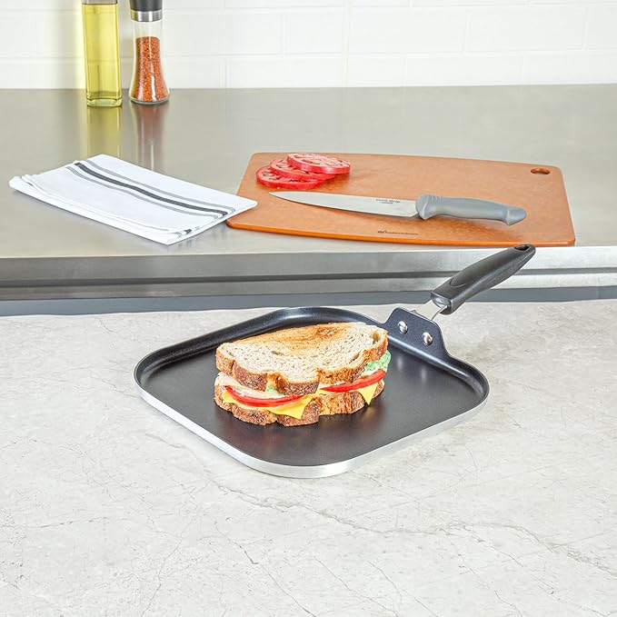 Restaurantware-Met Lux 11.3 Inch Square Griddles With Stay-Cool Handle, 10 No-Stick Flat Top Grills - Compatible With Gas And Electric, Durable, Aluminum Griddle Pans, Even-Heating, For Cooking Eggs