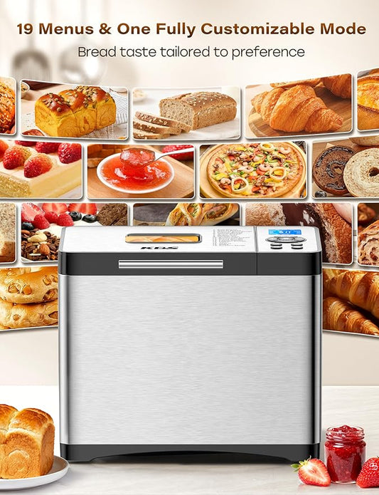 KBS 2LB 19-in-1 Programmable Bread Maker, Stainless Steel Bread Machine with Nonstick Ceramic Pan,650W Bread Maker Machine with 15H Timer&1H Keep Warm,Sourdough,Gluten Free,3 Colors,53 Recipes,Silver