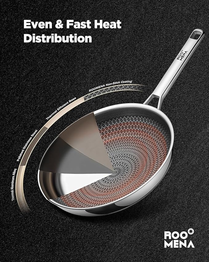 Non Stick Frying Pans Hybrid Ceramic With Lid, 12 Inch Tri-Ply Stainless Steel Skillet, Non-Toxic, PFAS/PFOA/PTFE Free, Metal Utensil Safe, Dishwasher & Oven Safe,Upgraded Version