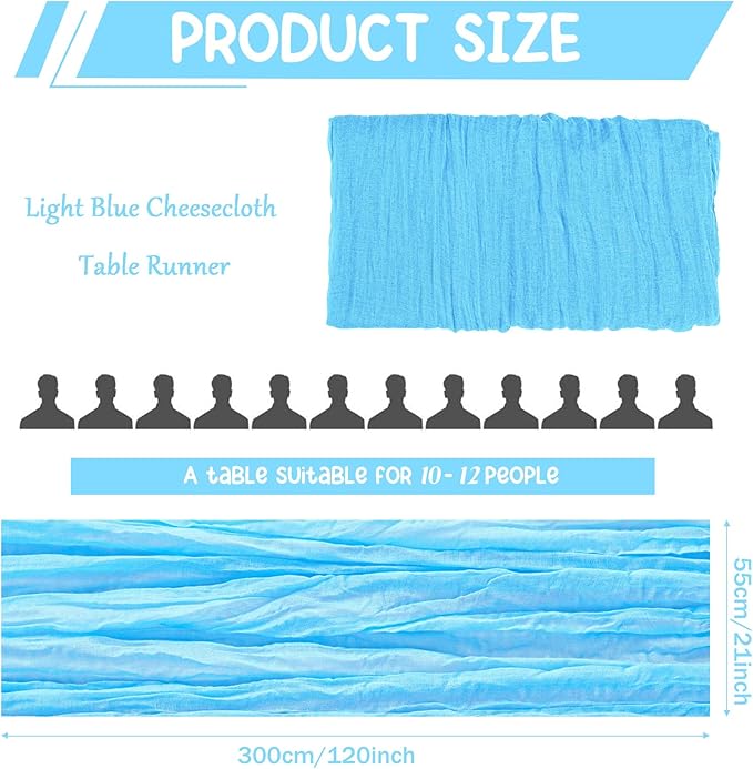 10 Pack Cheesecloth Table Runner 10FT Boho Gauze Rustic Fabric Table Runner Vintage Sheer Tablecloth for Wedding Party Bridal Baby Shower Decorations (Light Blue)