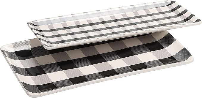 Bico Plaid Check Black and White Ceramic 14 inch Rectangular Serving Platter, Set of 2, for Serving Salad, Pasta, Cheese, Ham, Appetizer, Microwave & Dishwasher Safe
