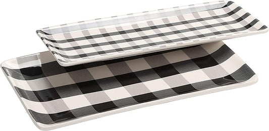 Bico Plaid Check Black and White Ceramic 14 inch Rectangular Serving Platter, Set of 2, for Serving Salad, Pasta, Cheese, Ham, Appetizer, Microwave & Dishwasher Safe