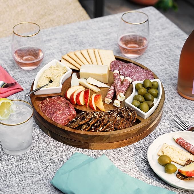 Twine Rotating Wood Serving Board - Round Charcuterie Board - Lazy Susan Wooden Cheese Board Set with Ceramic Dishes - Set of 1