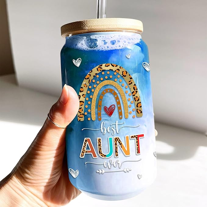 Aunt Gifts from Niece Nephew 16 Oz Coffee Glass Cup with Lid and Straw Aunty Glass Can Christmas Gift for Auntie New Aunts To Be Aunts Announcement Mothers Day Birthday