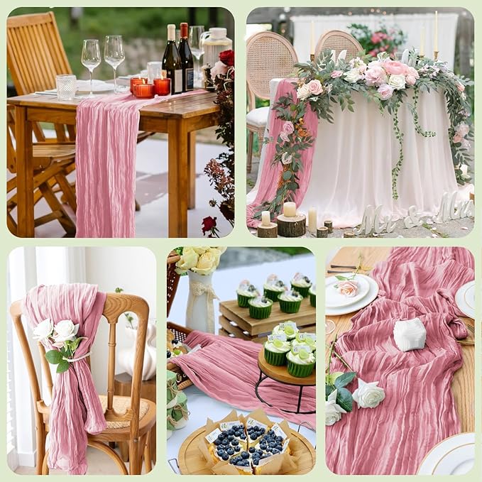 Wokceer Pink Cheesecloth Table Runner Valentine's Day 2Pack 10FT Boho Gauze Cheese Cloth Table Runner for Party Long Rustic Easter Sheer Runners for Baby Bridal Shower Wedding Decor