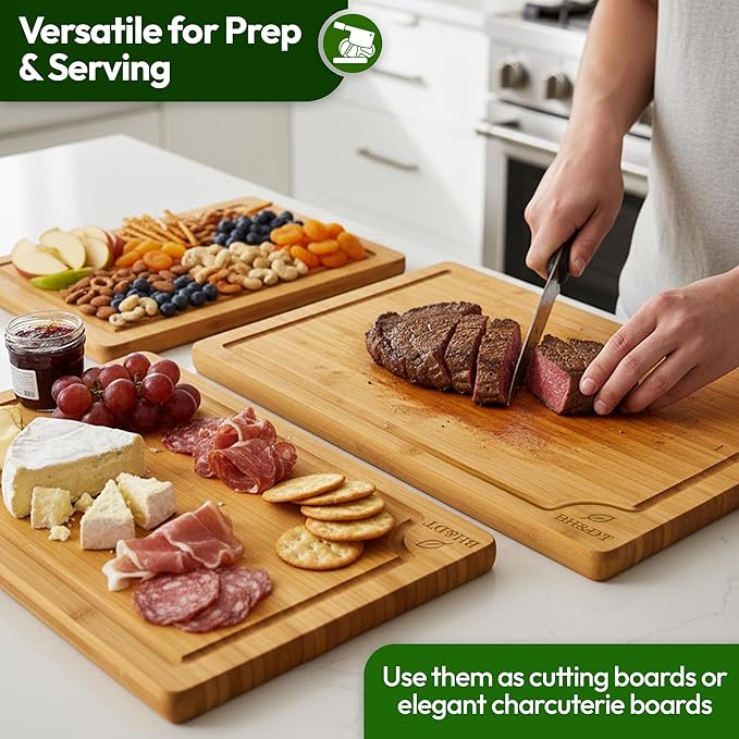 BH&DT bamboo cutting board set of 3,bamboo cutting boards for kitchen with juice groove, meat board cutting board with handle, chopping gift set,professional kitchen board,
