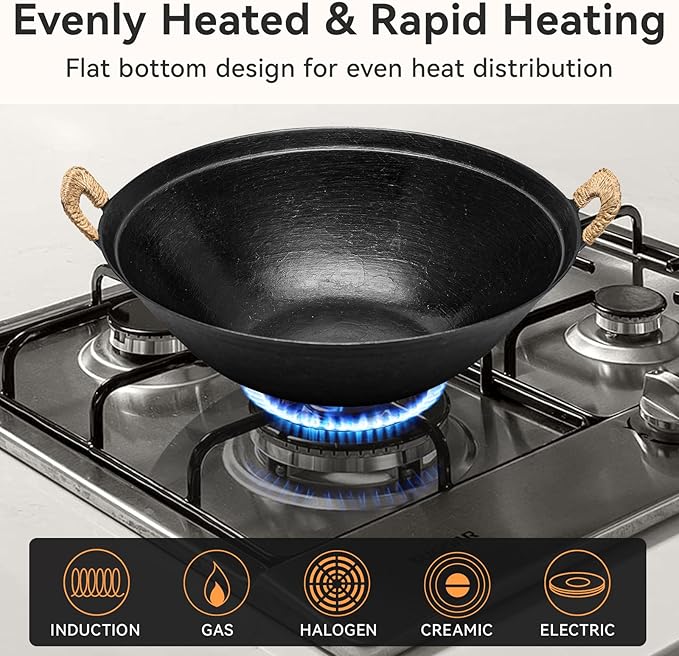 WANGYUANJI 14.2 inch Flat-Bottom Cast Iron Wok Pan with Lid, Dual Handles, Traditional Handcrafted Chinese Wok, Coating-Free, Not Pre-Seasoned — Works with Induction/Gas/Ceramic Cooktops