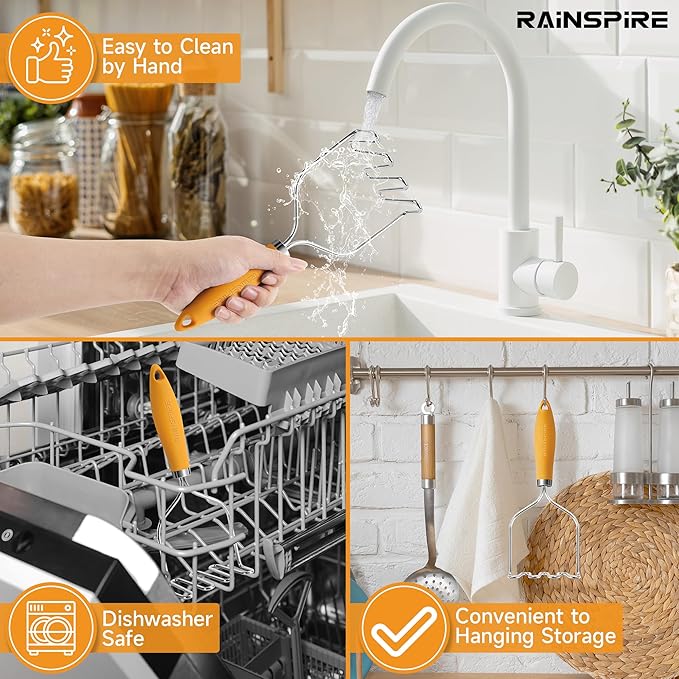 Rainspire Potato Masher Stainless Steel, Mashed Potato Masher Kitchen Tool, Durable Mash Potatoes Masher, Soft Non-slip Handle, Kitchen Utensils, Kitchen Gadgets, Orange