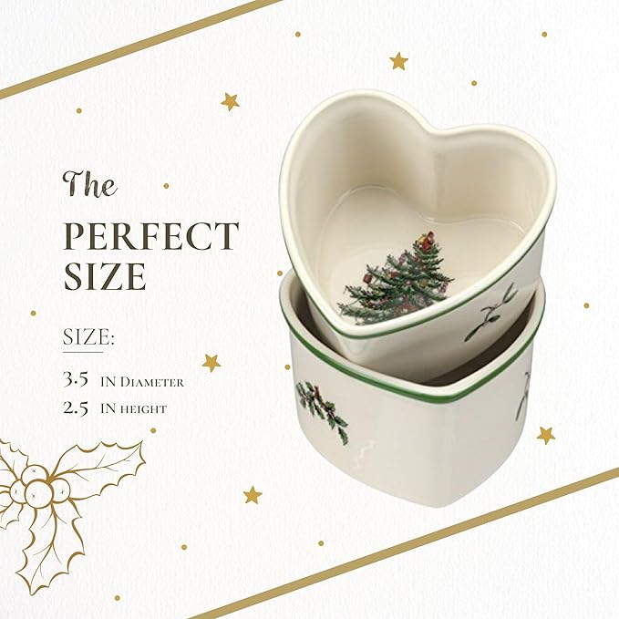Spode Christmas Tree 3.5" Heart Ramekins (Set of 2) - Oven Safe Porcelain Ramekin Dishes for Soufflé, Crème Brûlée, Custard - Microwave & Dishwasher Safe, Festive Dipping Cups, Holiday Baking Set