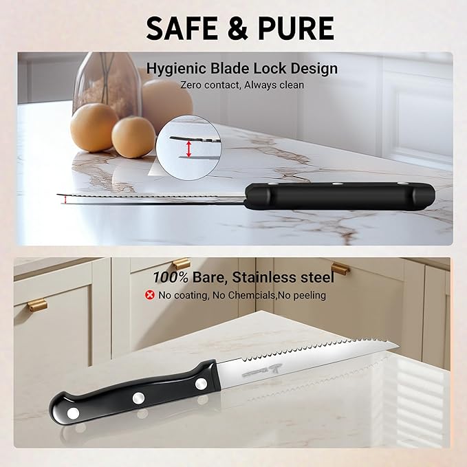 Upgraded Steak Knives Set of 16, Uncoated Stainless Steel Serrated Steak Knife Set, 4.5 Inch Steak Knife with Ergonomic Handle and Sharp Blades, Dishwasher Safe Dinner Knives for Kitchen, Restaurant