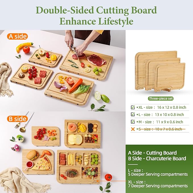 3-PCS Bamboo Cutting Board Set with Innovative Stand - Durable Double Sided Chopping Board with Juice Groove & Handle for Meal Prep, Meat, Fruit, Charcuterie Serving, Eco-Friendly Healthy Kitchen Gift
