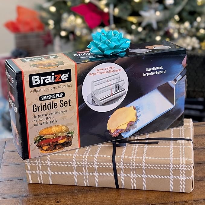 Smash Burger Press Kit – 6.5 Inch Stainless Steel Hamburger Smasher Tool – Heavy Duty Grill Press for Flat Top Griddles and Cast Iron Pan – Perfect for Crispy Smashed Burger Patty – Spatula Set