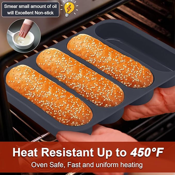 GDDGCUO Silicone Hotdog Bun Pan, 6 Inch Standard Hot dog Bun Mold, 4 Cup Non-stick Homemade Hotdog Bun Baking Pans, Mini Baguette Pans, Dishwasher Safe, 2 Pcs (Grey)