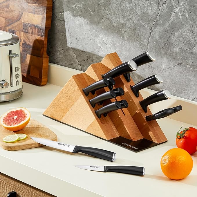 KINGSTONE 14-Piece Knife Block Set, Precision-Honed High-Carbon Stainless Steel Knives with Long-Lasting Sharpness, Ergonomic Balanced Handles for Home & Serious Cooks, Natural